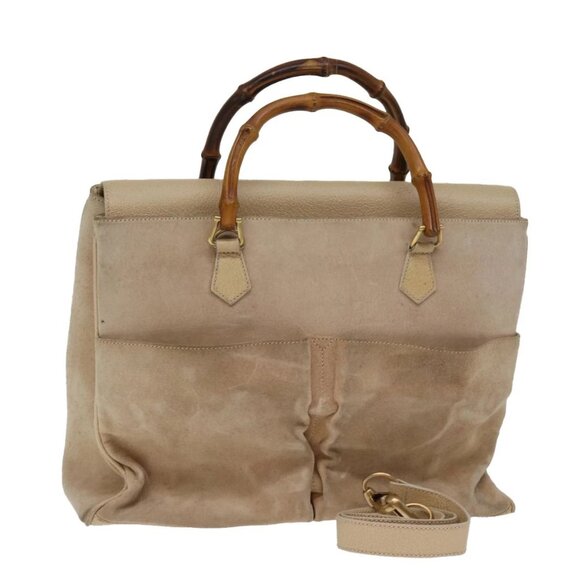 GUCCI Bamboo Tote Bag Suede 2way Beige